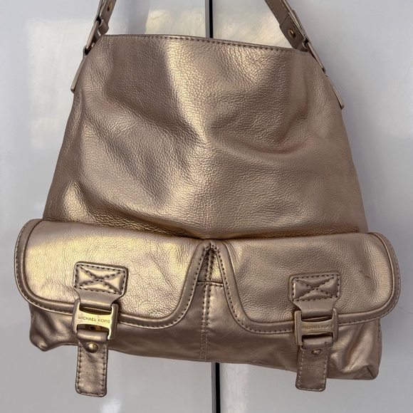 Vintage Michael Kors Leather Metallic Gold Bag Boho shoulder tote  purse - Picture 1 of 17